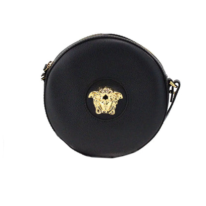 Borsa a tracolla autentica Versace Round Disco in pelle nera per fotocamera