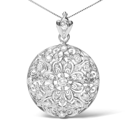 Jewelry -  18K White Gold 1 5/6 Cttw Diamond Cluster Floral Filigree Brooch Pin and 18" Pendant Necklace (G-H Color, I1-I2 Clarity)