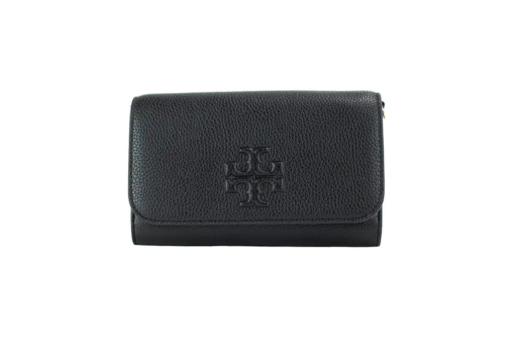 Tory Burch (75029) Thea Small Black Pebble Leather Flat Wallet Crossbody Handbag