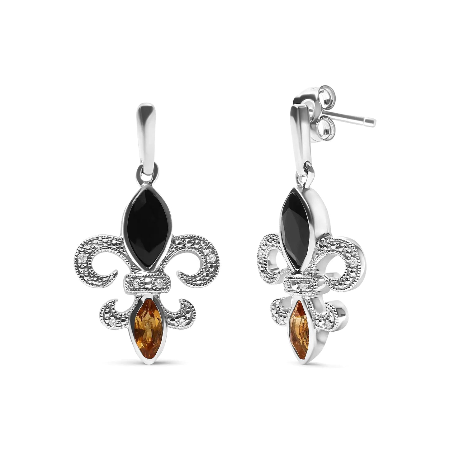 Jewelry -  .925 Sterling Silver Marquise Cut Onyx and Citrine with Diamond Accent Fleur De Lis Drop Stud Earrings (H-I Color, SI1-SI2 Clarity)