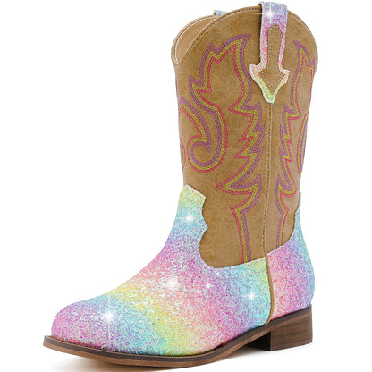 Rainbow Girls Cowgirl Boots Unisex-Child Mid Calf Glitter Toddler Cowboy Boot Little Big Kids Western Riding Shoes 8 Toddler Shiny Rainbow