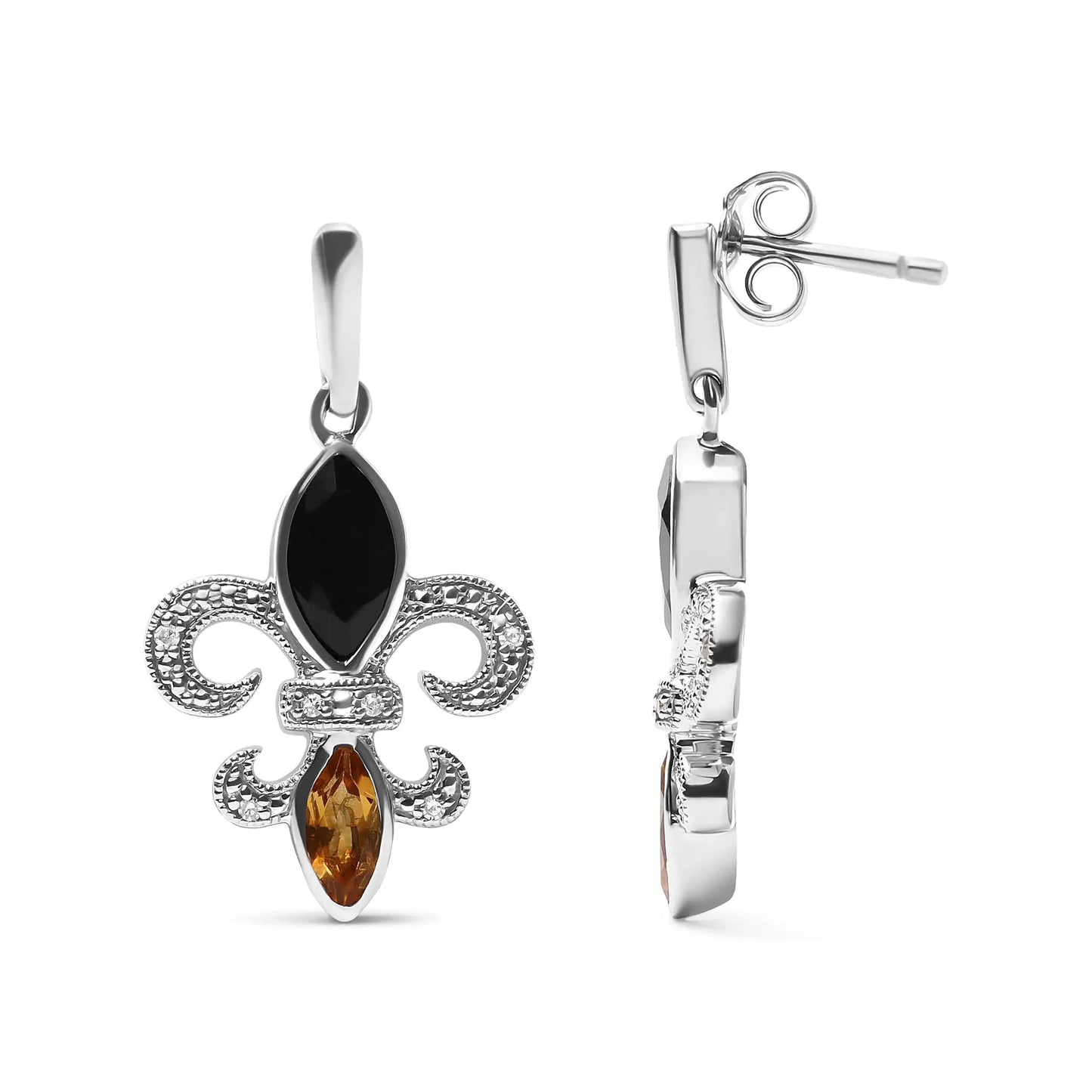 Jewelry -  .925 Sterling Silver Marquise Cut Onyx and Citrine with Diamond Accent Fleur De Lis Drop Stud Earrings (H-I Color, SI1-SI2 Clarity)