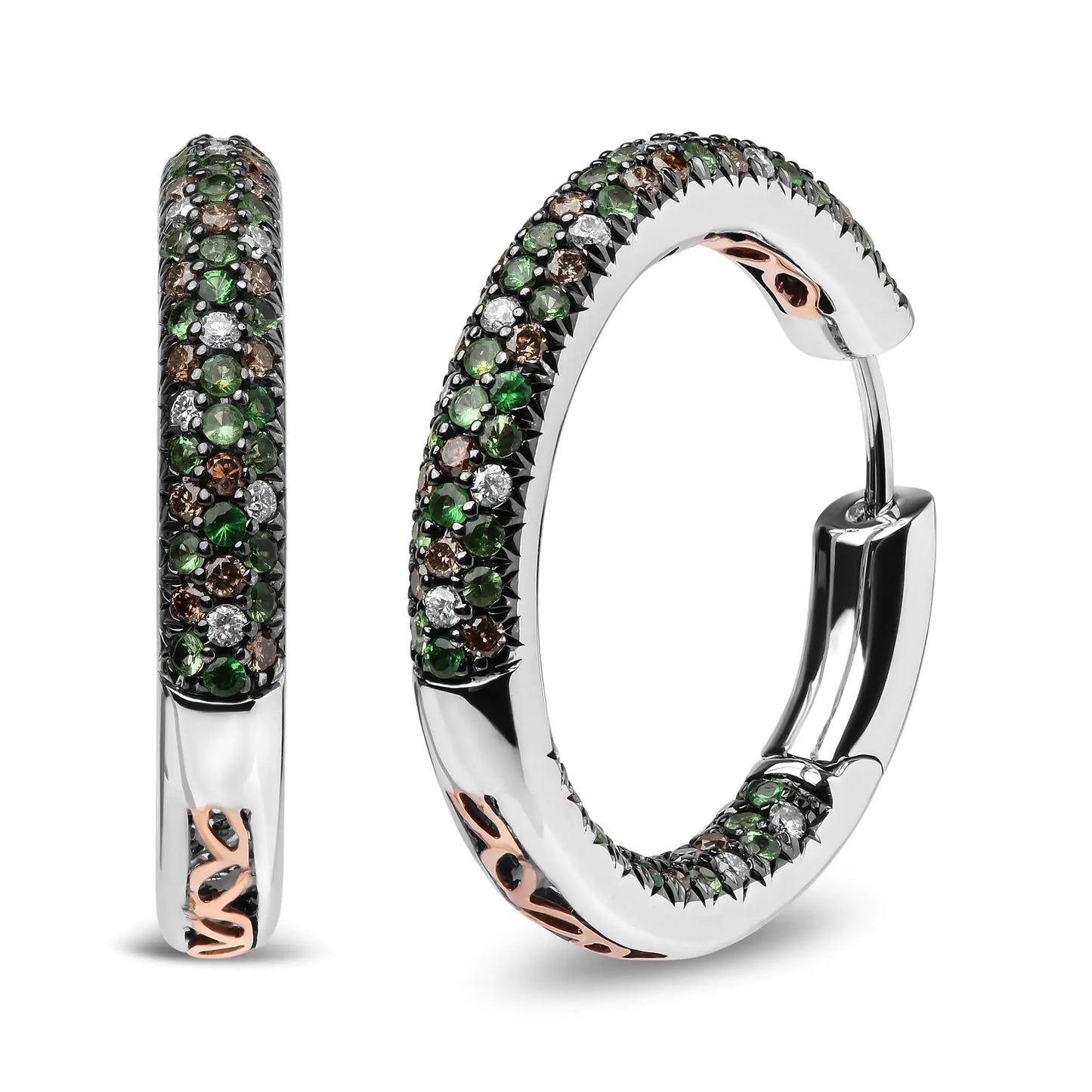 Jewelry -  18K White Gold 1.00 Cttw Brown and White Diamond and 1.3mm Round Green Tsavorite Gemstone Inside Outside Hoop Earrings (Brown and G-H Color, SI1-SI2 Clarity)