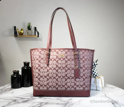 Coach Mollie Wine Signature Denim Chambray Canvas Leather Tote