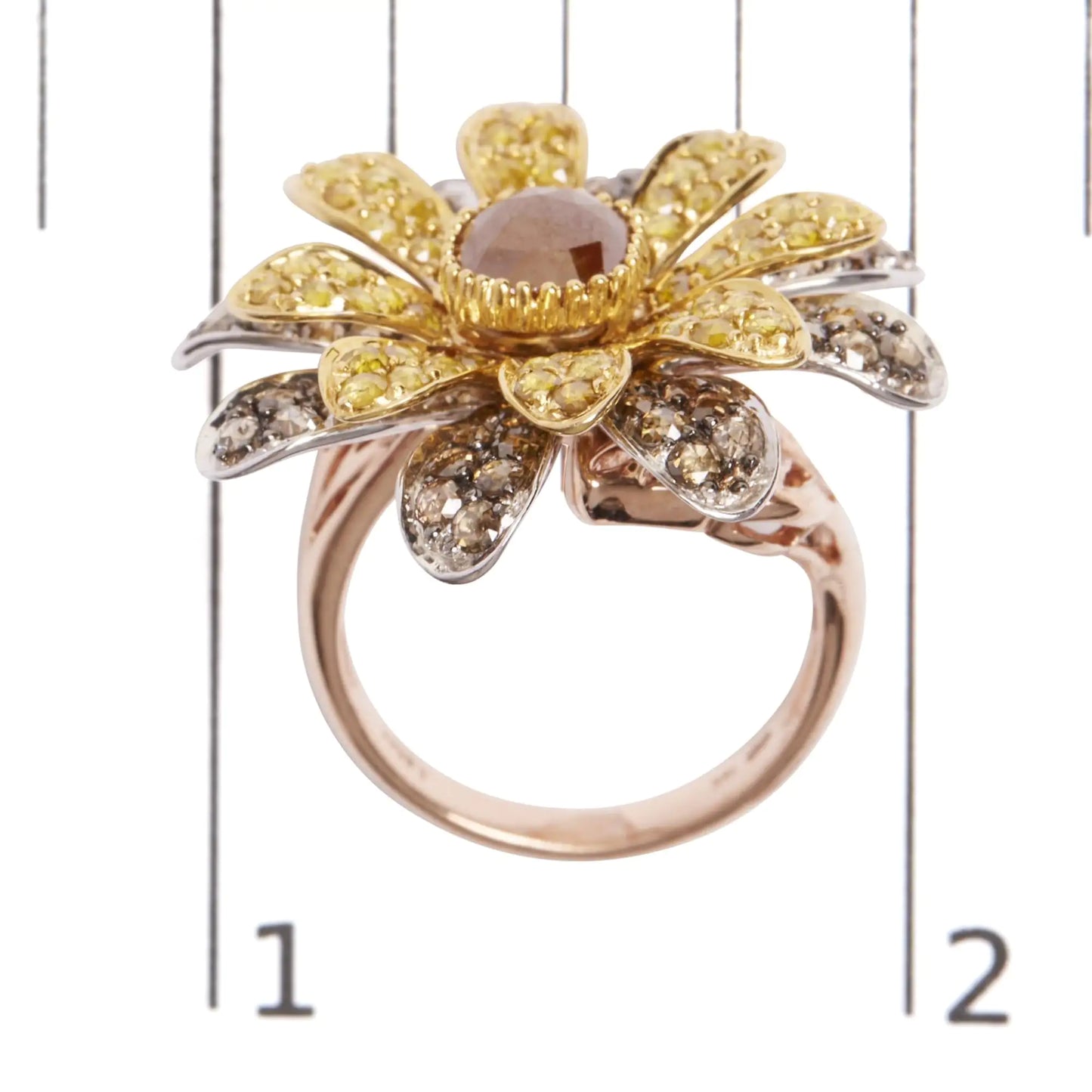 Jewelry - 14K Tri-Toned 3 7/8 Cttw Rose Cut Diamond Cocktail Double Flower and Petal Cocktail Ring (Fancy Color, I1-I2 Clarity) - Size 7