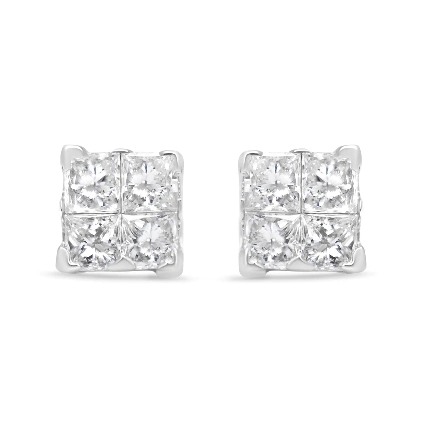 Jewelry - 14K White Gold 1/2 Cttw Invisible-Set Princess Diamond Quad Cluster Stud Earrings (H-I Color, SI1-SI2 Clarity)