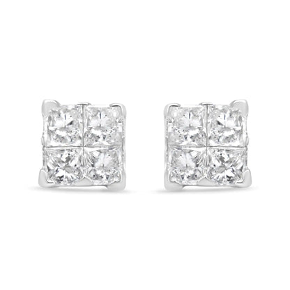 Jewelry - 14K White Gold 1/2 Cttw Invisible-Set Princess Diamond Quad Cluster Stud Earrings (H-I Color, SI1-SI2 Clarity)