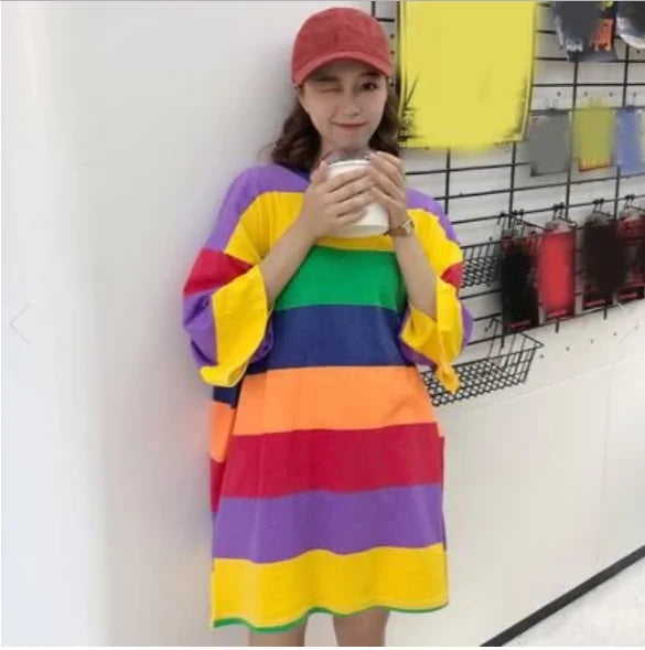 Korean Rainbow Stripes Printed T-shirt