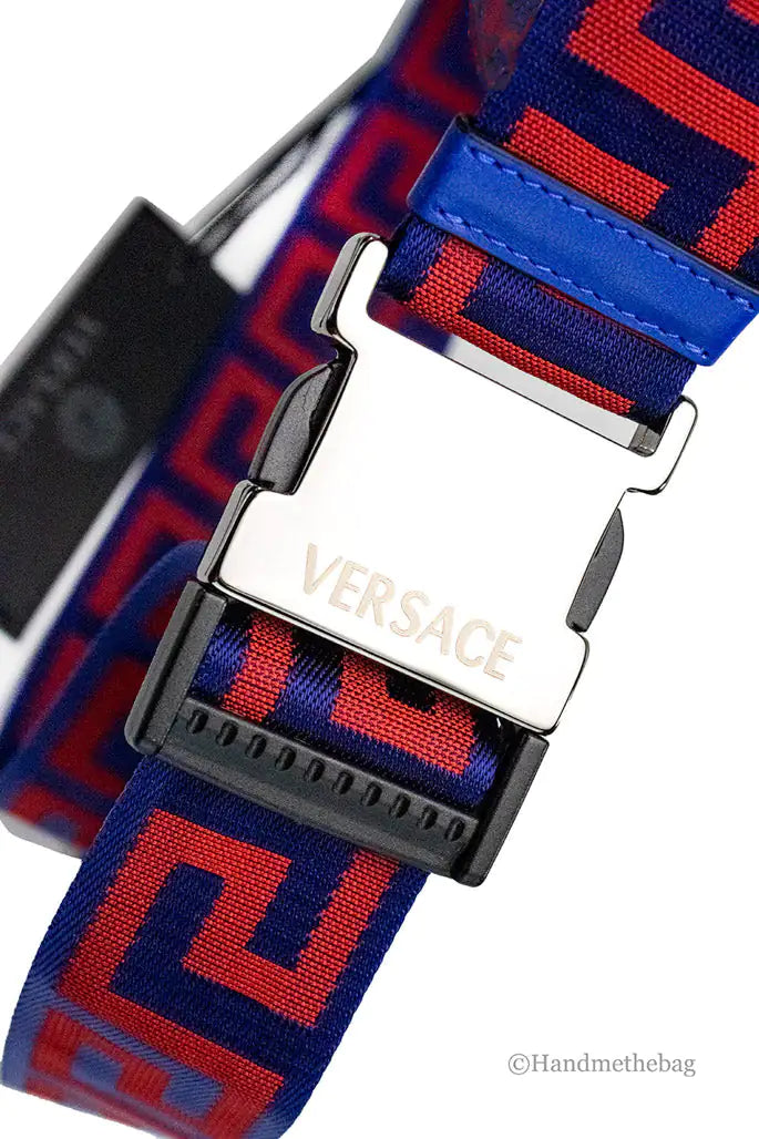 Cintura regolabile autentica Versace Greek Key Lapis Blue Scarlet Red