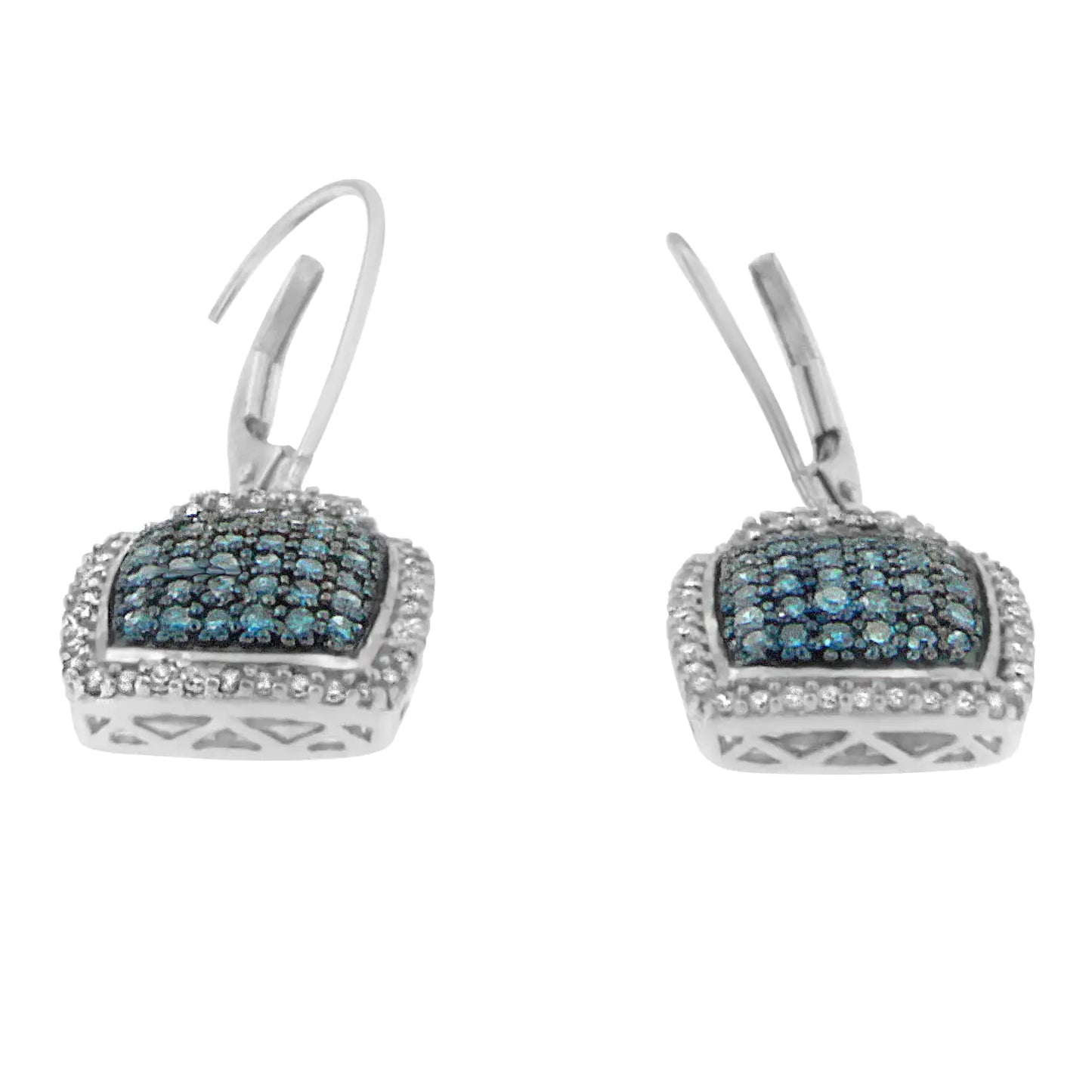 Jewelry Black Rhodium over .925 Sterling Silver ¾ Cttw Blue and White Diamond Cushion Shaped Dangle Earrings (Enhanced Blue & I-J Color, I2-I3 Clarity)