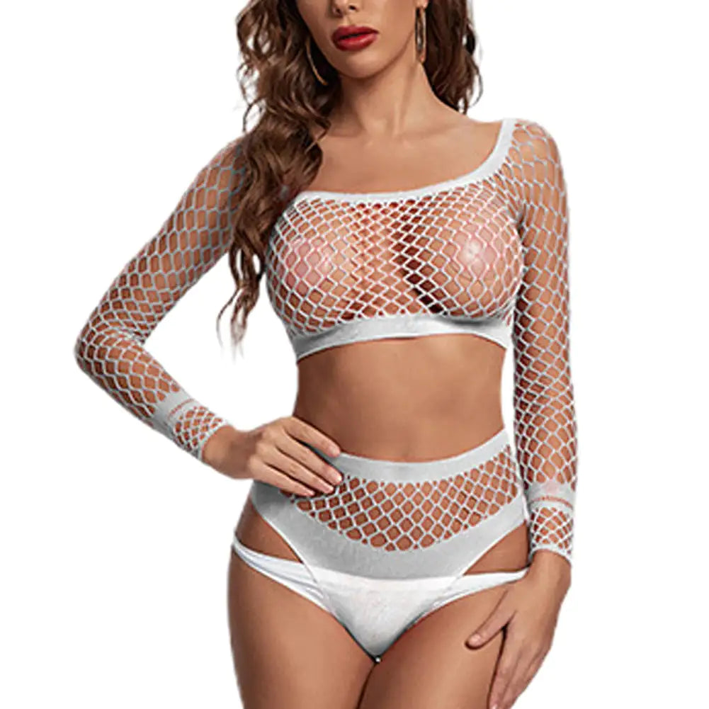 Conjunto de lencería sexy de malla de manga larga para mujer