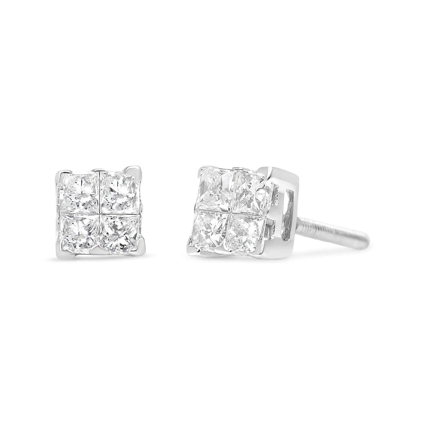 Jewelry - 14K White Gold 1/2 Cttw Invisible-Set Princess Diamond Quad Cluster Stud Earrings (H-I Color, SI1-SI2 Clarity)