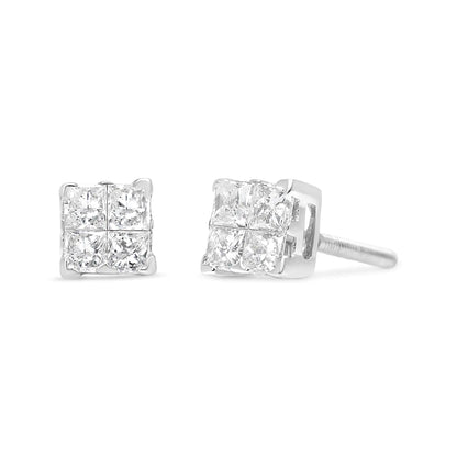 Jewelry - 14K White Gold 1/2 Cttw Invisible-Set Princess Diamond Quad Cluster Stud Earrings (H-I Color, SI1-SI2 Clarity)