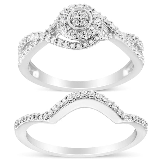 Jewelry - .925 Sterling Silver 1/6 Cttw Diamond Composite Halo and Split Shank Bridal Set Ring and Band  (I-J Color, I3 Clarity)