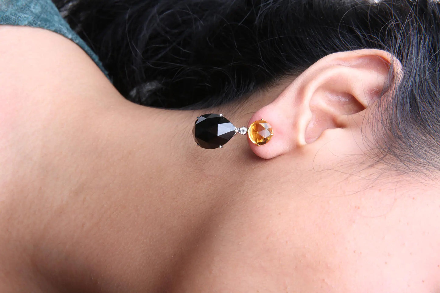 Jewelry -  18K White and Yellow Gold 1/5 Cttw Diamond with Round Yellow Citrine and 20x15mm Pear Cut Black Onyx Gemstone Dangle Earring (G-H Color, SI1-SI2 Clarity)