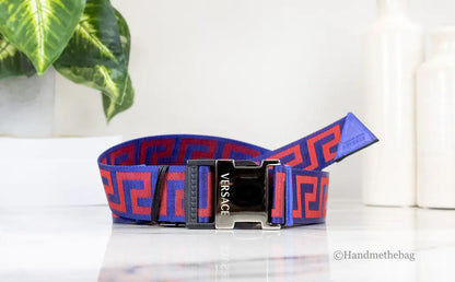 Cintura regolabile autentica Versace Greek Key Lapis Blue Scarlet Red