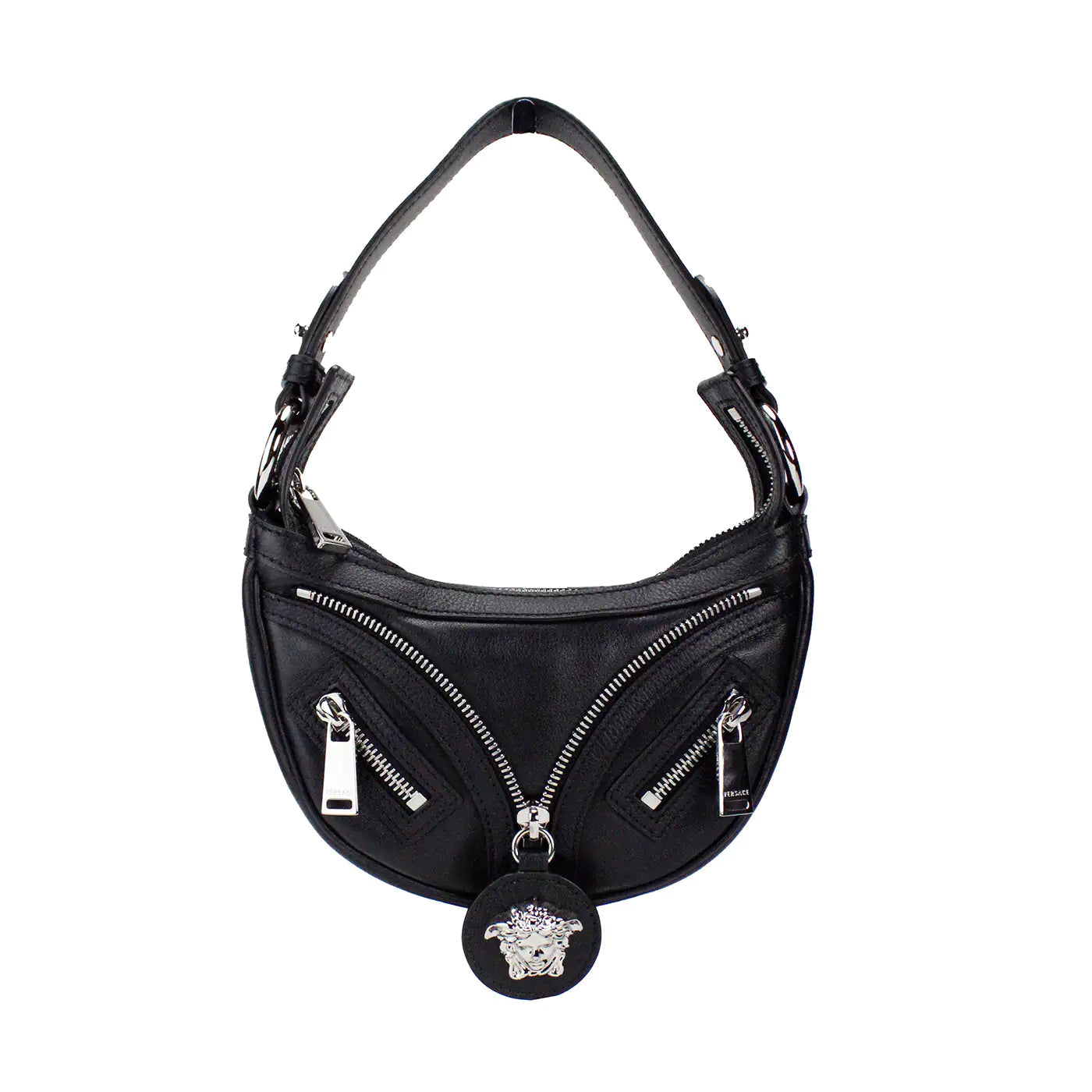 Versace Mini Zippered Medusa Black Leather Hobo Shoulder Bag