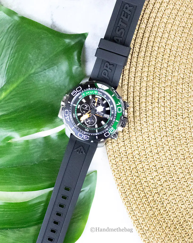 "Rainbow Galore Top Pick" Green Titanium Bezel Black Strap Citizen Promaster Aqualand Watch