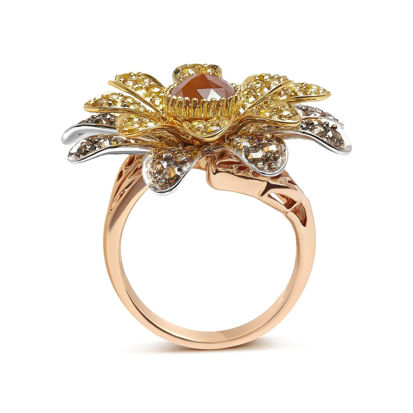 Jewelry - 14K Tri-Toned 3 7/8 Cttw Rose Cut Diamond Cocktail Double Flower and Petal Cocktail Ring (Fancy Color, I1-I2 Clarity) - Size 7