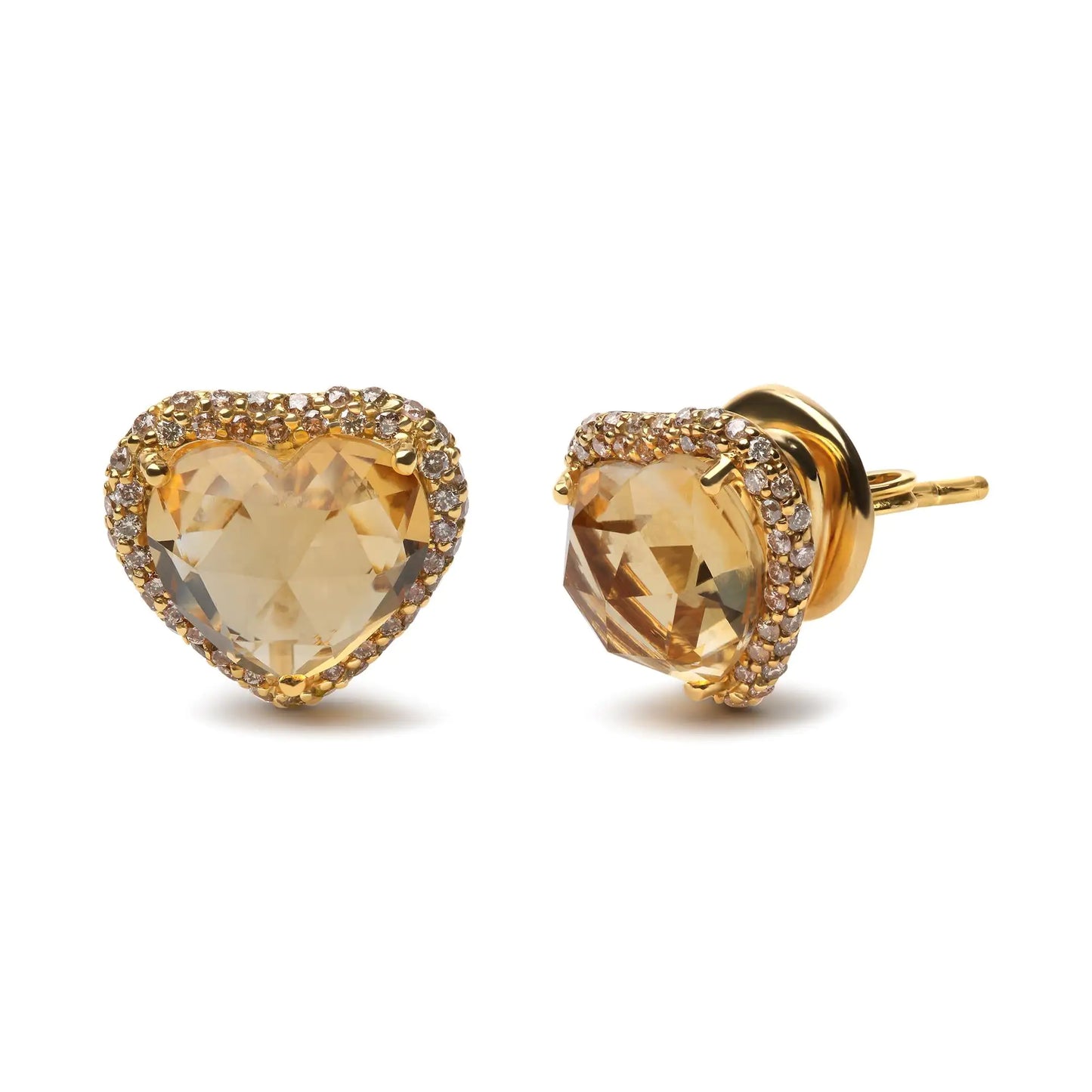 Jewelry - 18K Yellow Gold 2/3 Cttw Brown Diamonds and 11x11mm Heart-Cut Yellow Citrine Gemstone Halo Heart Stud Earrings (Brown Color, SI1-SI2 Clarity)