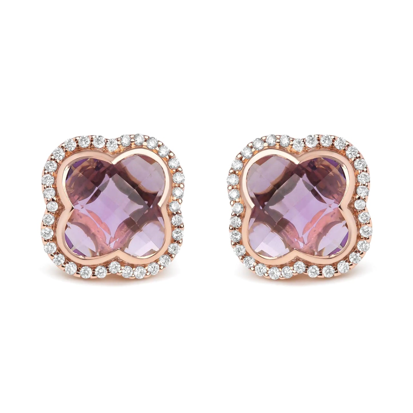 18K Rose Gold 3/8 Cttw Diamond and 11x11mm Clover-Cut Purple Amethyst Gemstone Clover Halo Stud Earrings (G-H Color, SI1-SI2 Clarity)