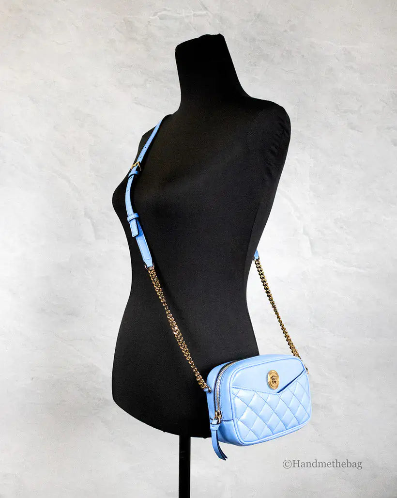 Versace Small DV Blue Lamb Leather Quilted Camera Bag