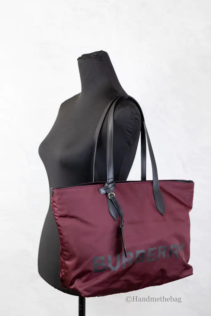 Burberry Medium Burgundy Logo Nylon Tote Shoulder Bag