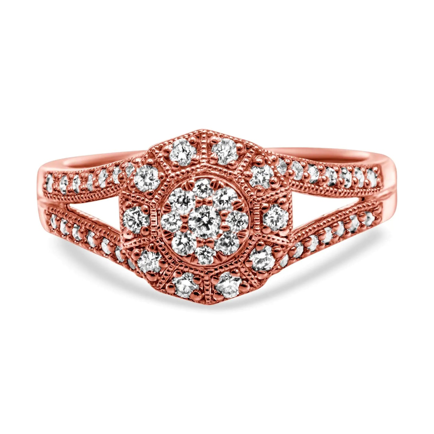 "Rainbow Galore Top Pick" Jewelry - 14K Rose Gold Plated .925 Sterling Silver 1/2 Cttw Pave Diamond Halo Cluster Split Shank Cocktail Ring (I-J Color, I1-I2 Clarity)