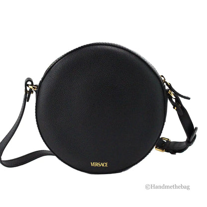 Borsa a tracolla autentica Versace Round Disco in pelle nera per fotocamera