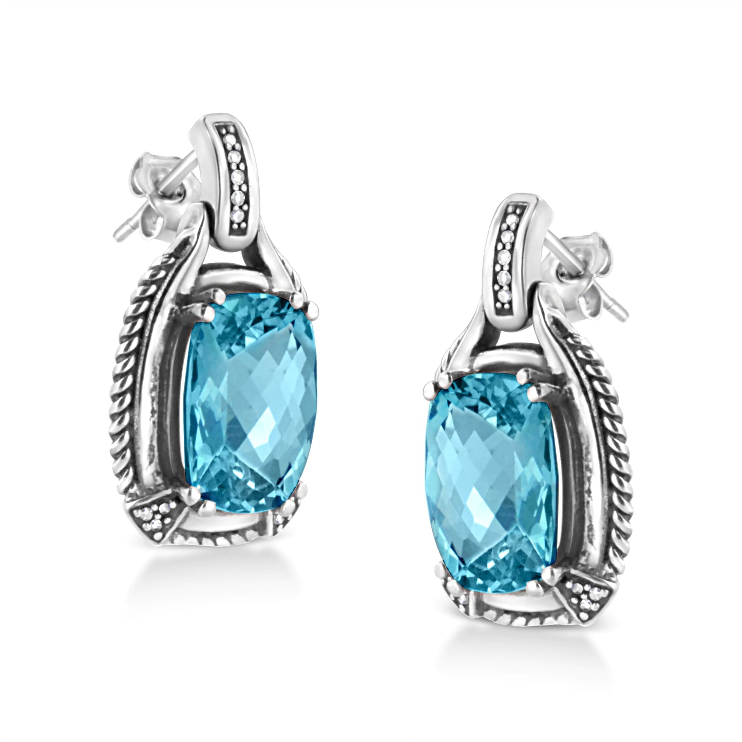 Gioielli - Orecchini pendenti in argento sterling .925 con pietra preziosa topazio blu taglio cuscino 14x10 mm e diamanti (colore IJ, purezza I1-I2)