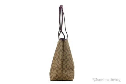 Coach (5696) Signature Coated Canvas Khaki Boysenberry City Tote Shoulder Bag