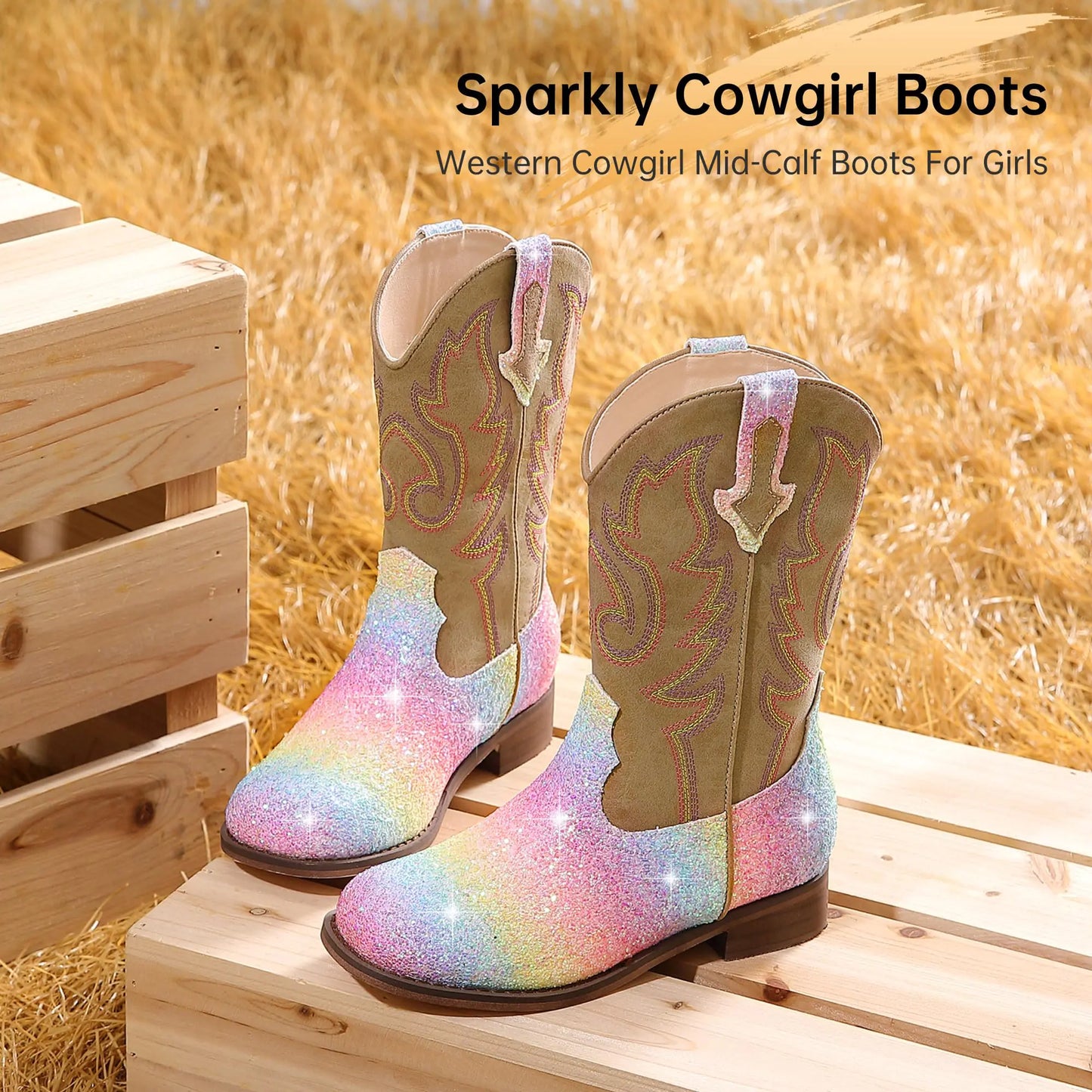 Rainbow Girls Cowgirl Boots Unisex-Child Mid Calf Glitter Toddler Cowboy Boot Little Big Kids Western Riding Shoes 8 Toddler Shiny Rainbow