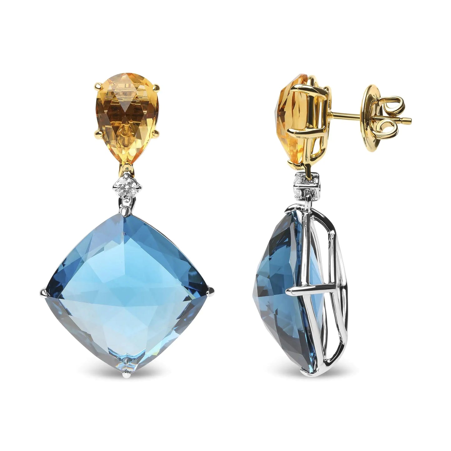 Jewelry - 18K White and Yellow Gold 1/6 Cttw Diamond with Pear Cut Yellow Citrine and 20mm Cushion Cut Blue Topaz Gemstone Dangle Earrings (G-H Color, SI1-SI2 Clarity)