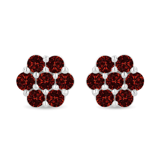 Jewelry - 14K White Gold 1.0 Cttw Treated Red Diamond Prong Set 7 Stone Floral Stud Earrings (Treated Red Color, SI2-I1 Clarity)