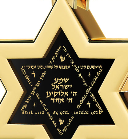 Men's Star of David Necklace 24k Gold Inscribed Shema Israel Pendant on Onyx