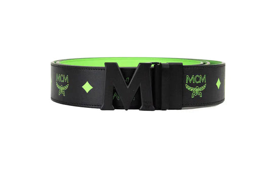 MCM Smooth Visetos Logo Summer Green Leather Adjustable Reversible M Buckle Belt