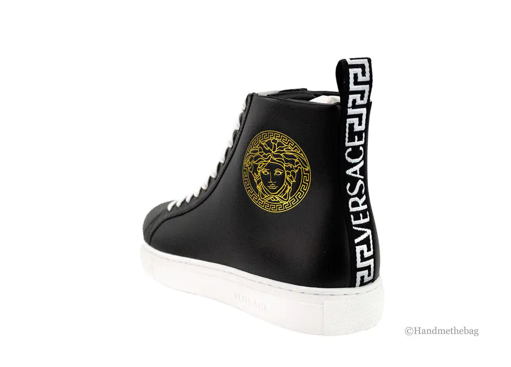 Versace Black Smooth Vitello Leather Medusa Emblem High Top Lace Up Sneakers