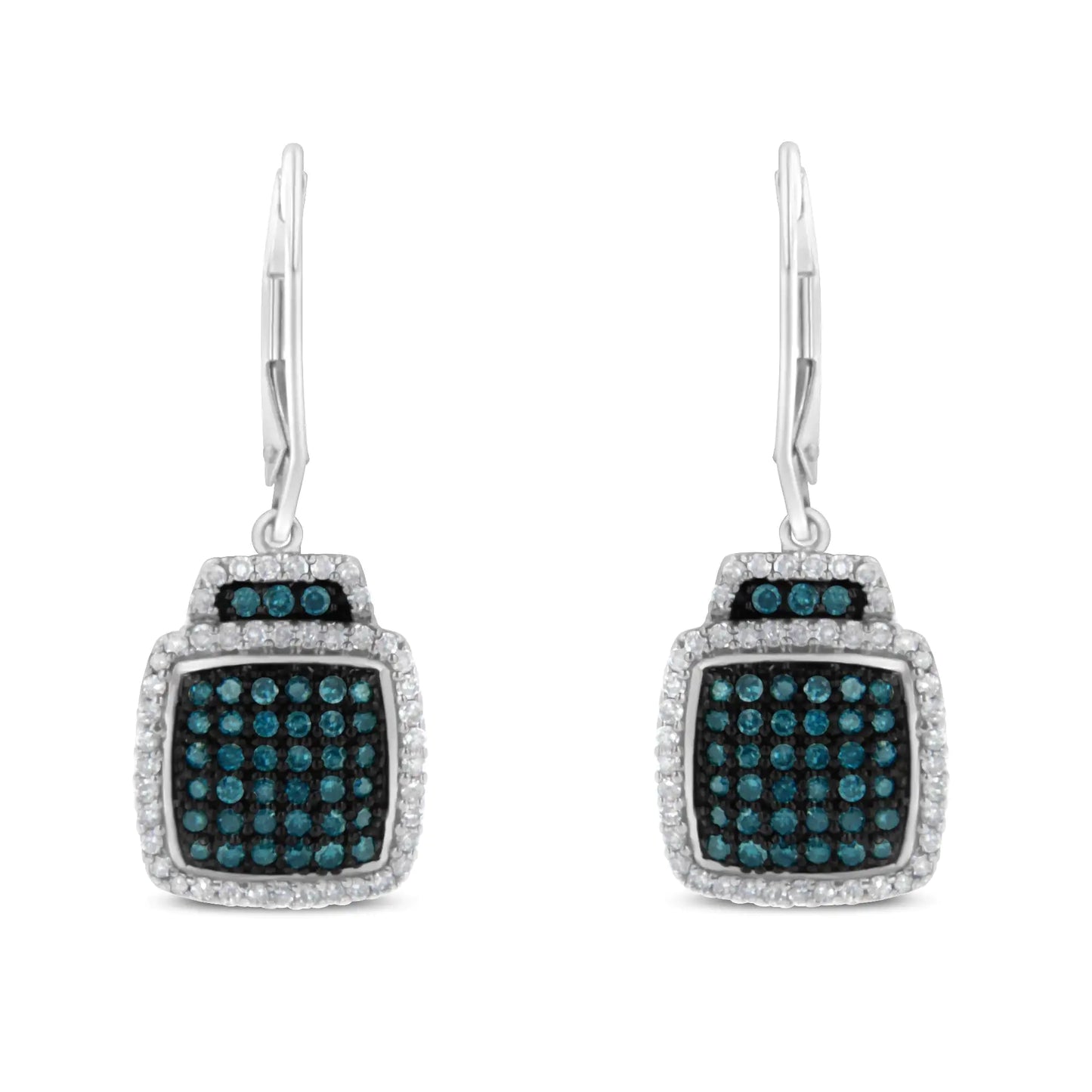 Jewelry Black Rhodium over .925 Sterling Silver ¾ Cttw Blue and White Diamond Cushion Shaped Dangle Earrings (Enhanced Blue & I-J Color, I2-I3 Clarity)