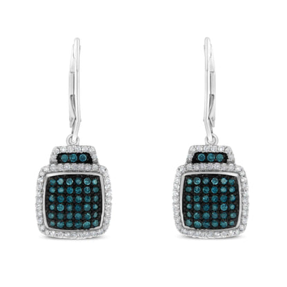 Jewelry Black Rhodium over .925 Sterling Silver ¾ Cttw Blue and White Diamond Cushion Shaped Dangle Earrings (Enhanced Blue & I-J Color, I2-I3 Clarity)