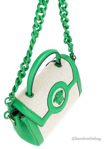 Bolso de mano pequeño de lona con cuerda verde brillante de Versace