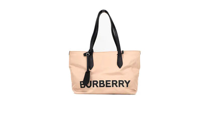 "Rainbow Galore Top Pick" Borsa tote in nylon Econyl piccola rosa beige con marchio Burberry