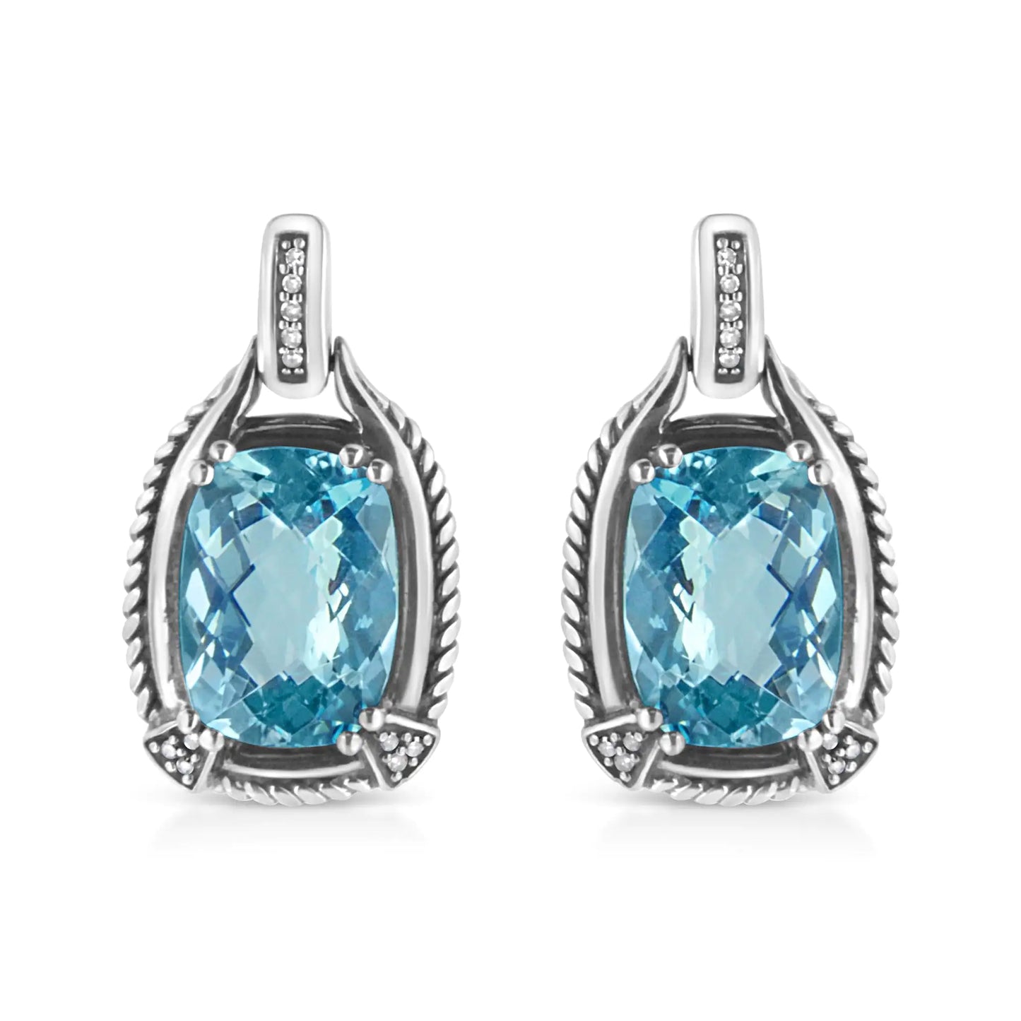 Gioielli - Orecchini pendenti in argento sterling .925 con pietra preziosa topazio blu taglio cuscino 14x10 mm e diamanti (colore IJ, purezza I1-I2)