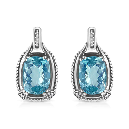 Gioielli - Orecchini pendenti in argento sterling .925 con pietra preziosa topazio blu taglio cuscino 14x10 mm e diamanti (colore IJ, purezza I1-I2)