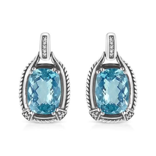 Gioielli - Orecchini pendenti in argento sterling .925 con pietra preziosa topazio blu taglio cuscino 14x10 mm e diamanti (colore IJ, purezza I1-I2)