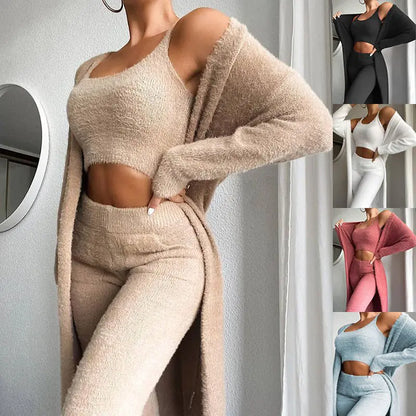 Elegant 3 Pcs Womens Clothing Fashion Solid Fluffy Plain Crop Top & Skinny Pants & Longline Coat Set Warm Cozy Suit Sets