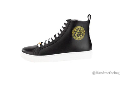 Versace Black Smooth Vitello Leather Medusa Emblem High Top Lace Up Sneakers