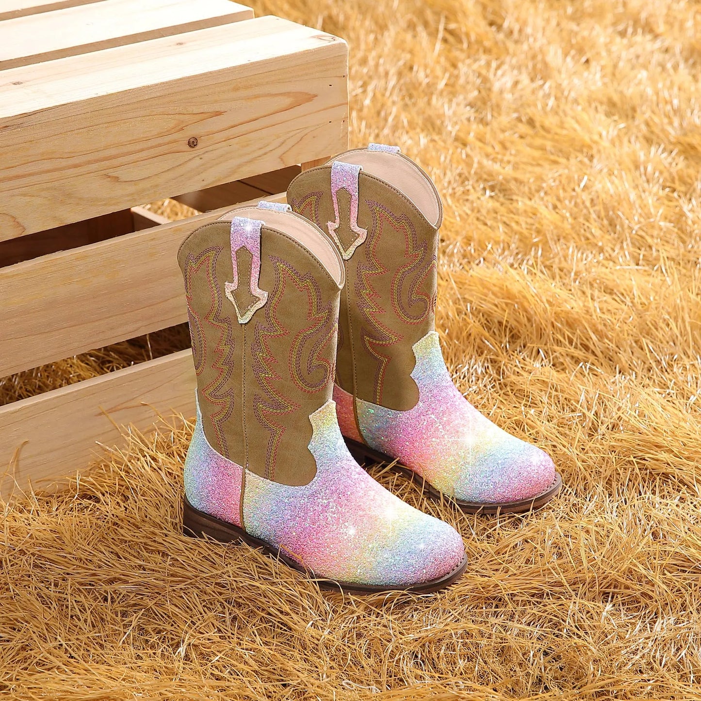 Rainbow Girls Cowgirl Boots Unisex-Child Mid Calf Glitter Toddler Cowboy Boot Little Big Kids Western Riding Shoes 8 Toddler Shiny Rainbow