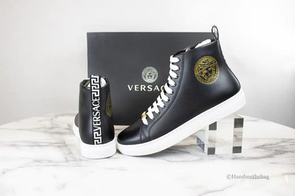 Versace Black Smooth Vitello Leather Medusa Emblem High Top Lace Up Sneakers