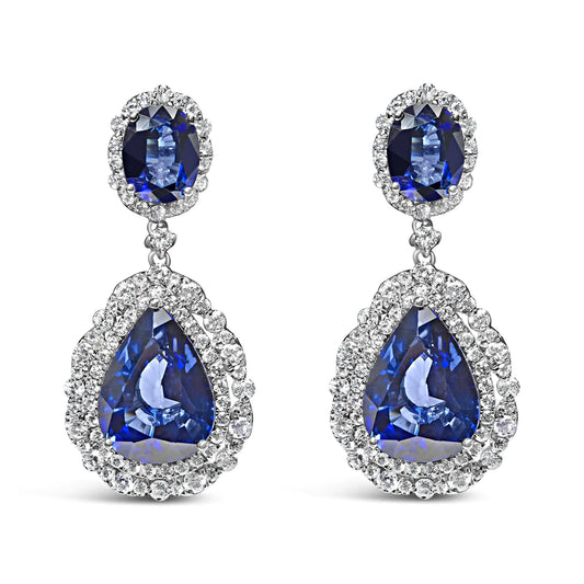 Jewelry -  18K White Gold Blue Sapphire 2 3/4 Cttw Diamond Halo Drop Dangle Earring (G-H Color, SI1-SI2 Clarity)