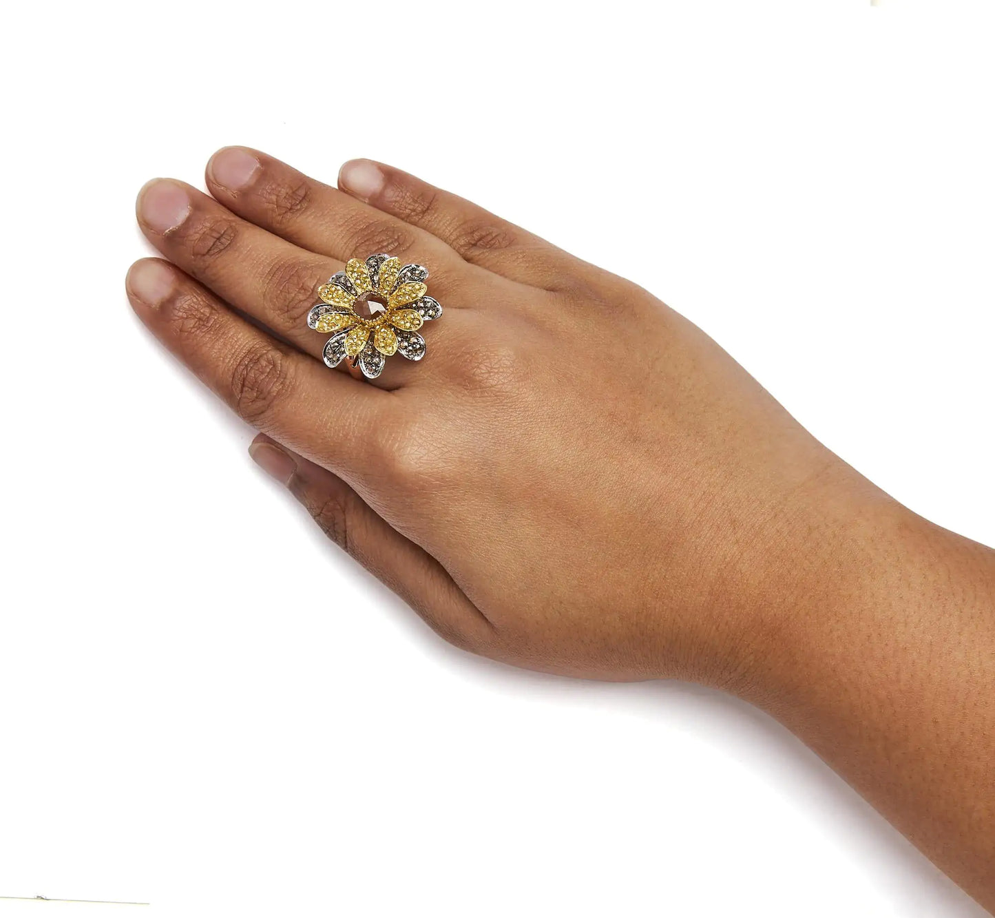 Jewelry - 14K Tri-Toned 3 7/8 Cttw Rose Cut Diamond Cocktail Double Flower and Petal Cocktail Ring (Fancy Color, I1-I2 Clarity) - Size 7